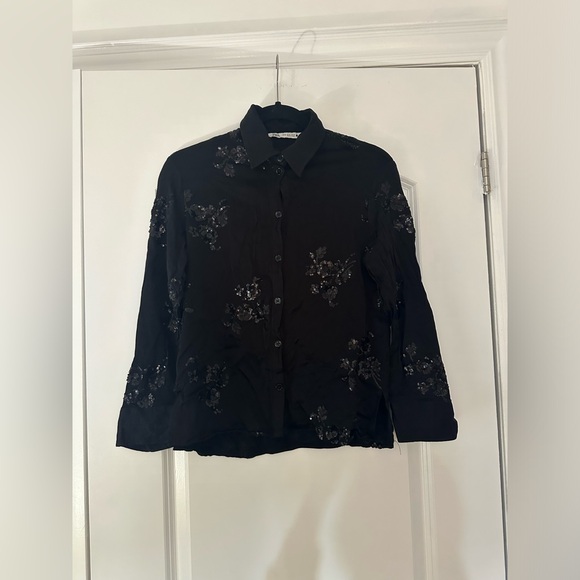 Zara Black Sequin Embroidered Shirt (Size XS) & Pants with Adjustable Waist (M) - Picture 4 of 9